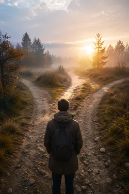 Prayerful Traveler Facing Three Country Paths