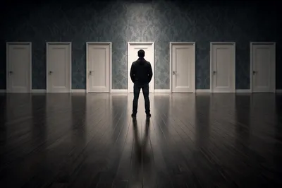 Person Facing Closed Doors of Choice