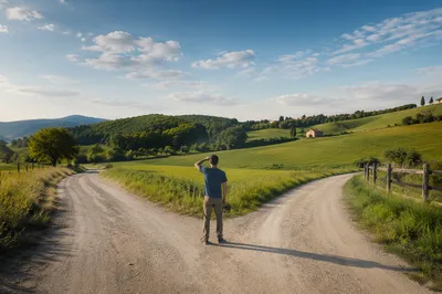 Person Choosing a Path at Country Crossroads