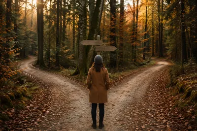 Person Choosing Path in Autumn Forest