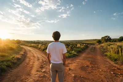 Person Facing a Rural Crossroads Choice