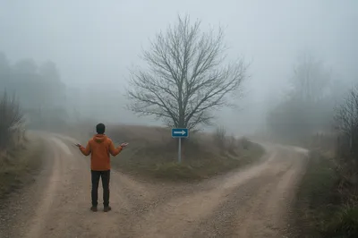 Person Facing a Foggy Crossroads Choice