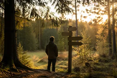 Contemplative Traveler at Woodland Crossroads