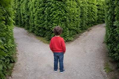 Child Facing a Garden Path Crossroads
