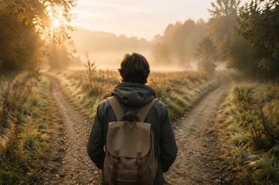 Person Facing a Crossroads at Dawn
