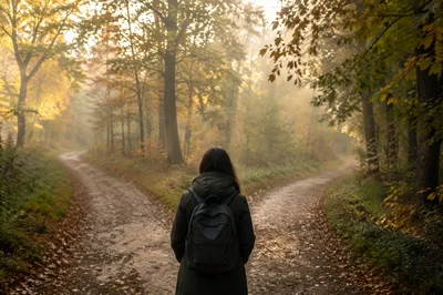 Person at Crossroads Forest Path