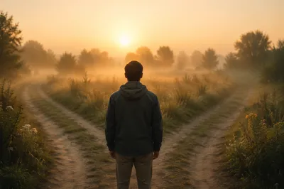 Person at Sunrise Crossroads Path Choice
