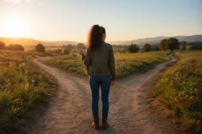 Woman at Forked Country Path Sunrise