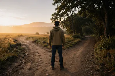 Young Man Standing at Forked Path