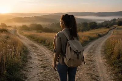 Woman at Forked Country Path Sunrise