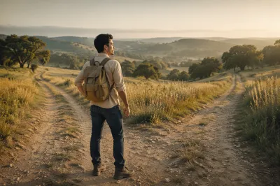 Man at Rural Crossroads in Morning