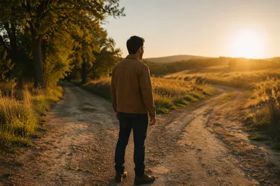 Man Standing at Countryside Forked Path