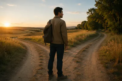 Man Standing at Countryside Forked Path