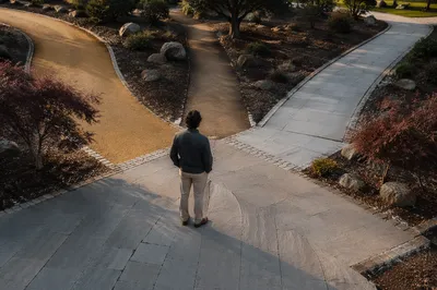 Person Facing Diverging Paths in Quiet Garden