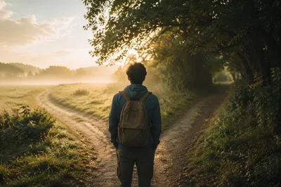 Contemplative Traveler Facing Countryside Crossroads