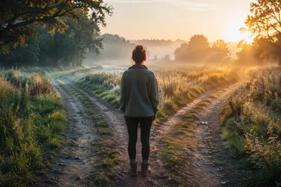 Contemplative Crossroads at Misty Sunrise