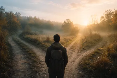 Thoughtful Traveler Choosing a Countryside Path