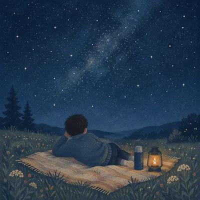 Peaceful Stargazing on Blanket in Meadow