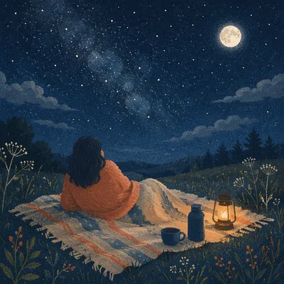 Peaceful Stargazing on Blanket in Meadow
