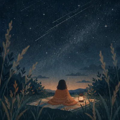 Solitary Stargazing on Blanket Under Night Sky