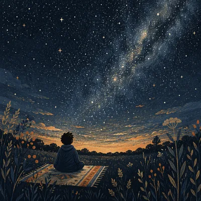 Solitary Stargazer on Meadow Under Night Sky