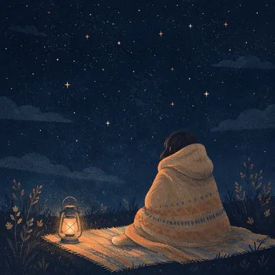 Solitary Stargazing on Meadow at Night