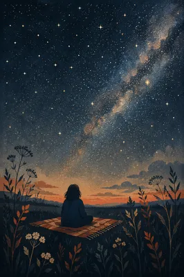 Solitary Stargazing on Blanket Under Night Sky
