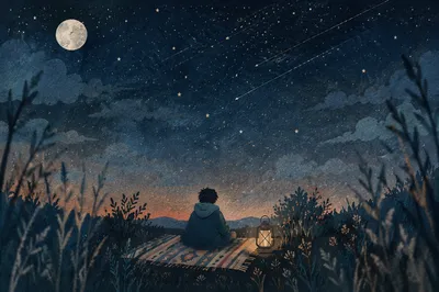 Solitary Stargazing on Blanket Under Night Sky