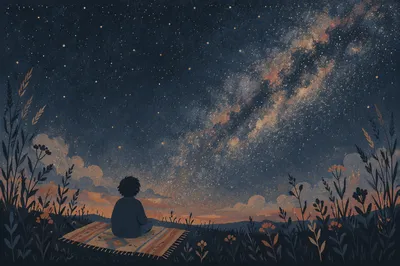 Solitary Stargazer on Blanket Under Night Sky