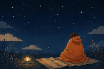Solitary Stargazing on Blanket Under Night Sky