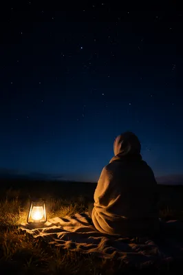 Solitary Stargazer on Blanket Under Night Sky