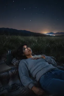 Woman Stargazing on Blanket in Meadow