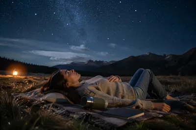 Woman Stargazing on Blanket in Meadow