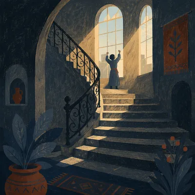 Morning Stretch Silhouette in Stairwell Light