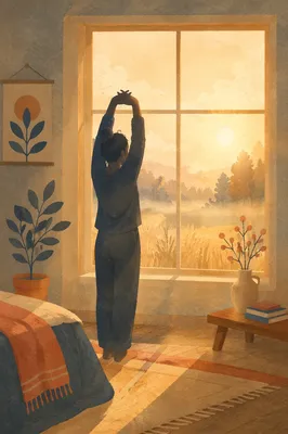 Morning Stretch Silhouette by Sunlit Window