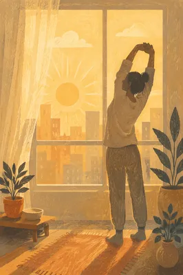 Morning Stretch Silhouette by Sunlit Window
