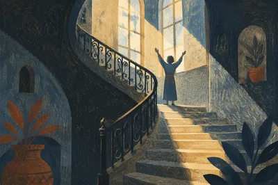Morning Light Stretch in Shadowed Stairwell
