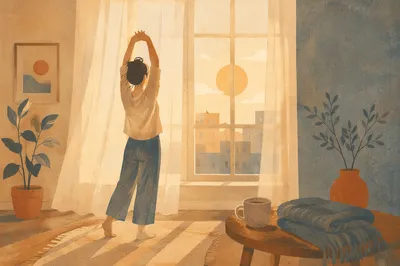 Morning Stretch Silhouette by Sunlit Window