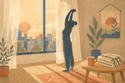 Morning Window Stretch Silhouette in Warm Light