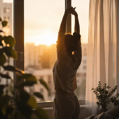 Morning Stretch Silhouette by Sunlit Window
