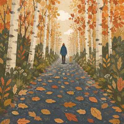 Autumn Dog Walk on Tree Lined Path