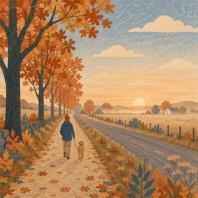 Autumn Dog Walk on Tree-Lined Country Path