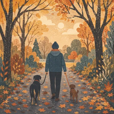 Autumn Dog Walk on Tree Lined Path