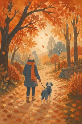 Autumn Dog Walk on Tree Lined Path