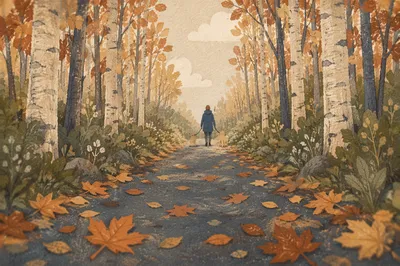 Autumn Walk With Dog on Tree Lined Path