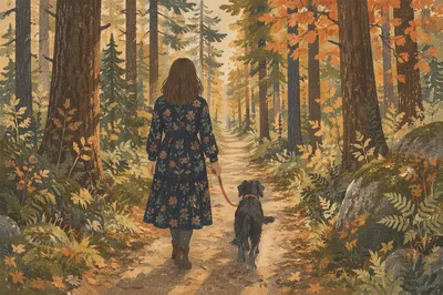 Autumn Woodland Walk With Black Dog