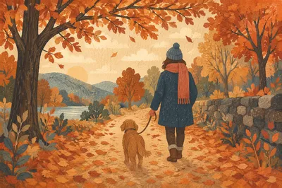 Autumn Dog Walk on Tree Lined Path