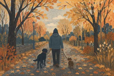 Autumn Dog Walk on Tree Lined Path