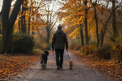 Autumn Dog Walk on Tree-Lined Path