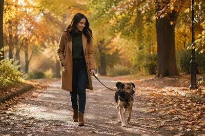 Woman Walking Dog on Autumn Path